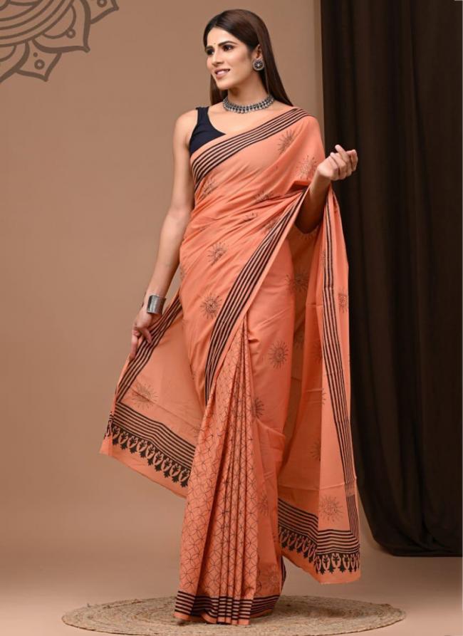 Cotton Light Orange Daily Wear Printed Saree